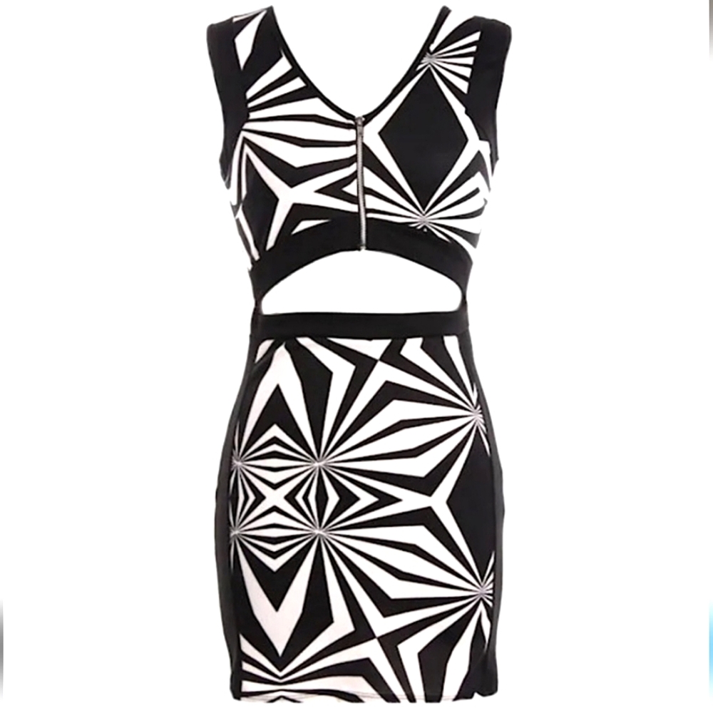 Optical Illusion Black/White geometric cutout waist bodycon dress Lg